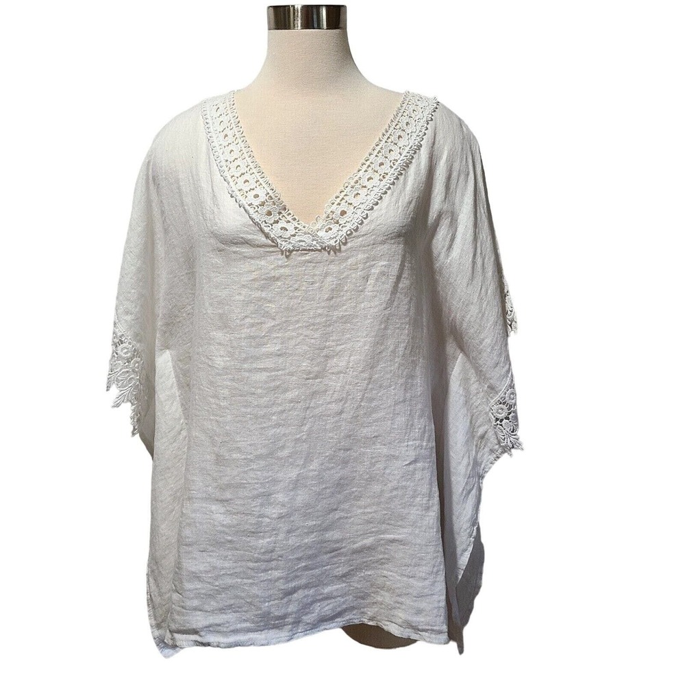 Bellambia White Linen Poncho Top Crochet Lace Trim Made in Italy One Size Womens